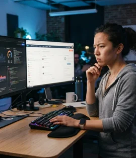 software engineer comparing custom dashboard interface and generic CRM software on dual monitors