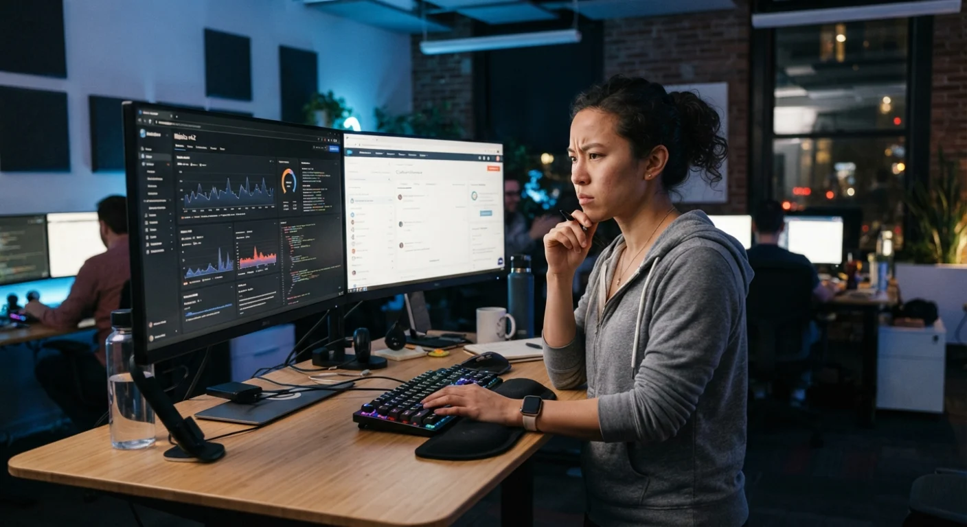 software engineer comparing custom dashboard interface and generic CRM software on dual monitors