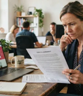 business owner reviewing web development agency contract with warning signs highlighted