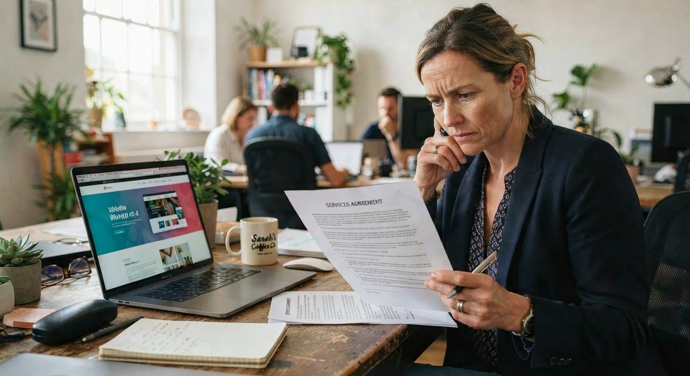 business owner reviewing web development agency contract with warning signs highlighted